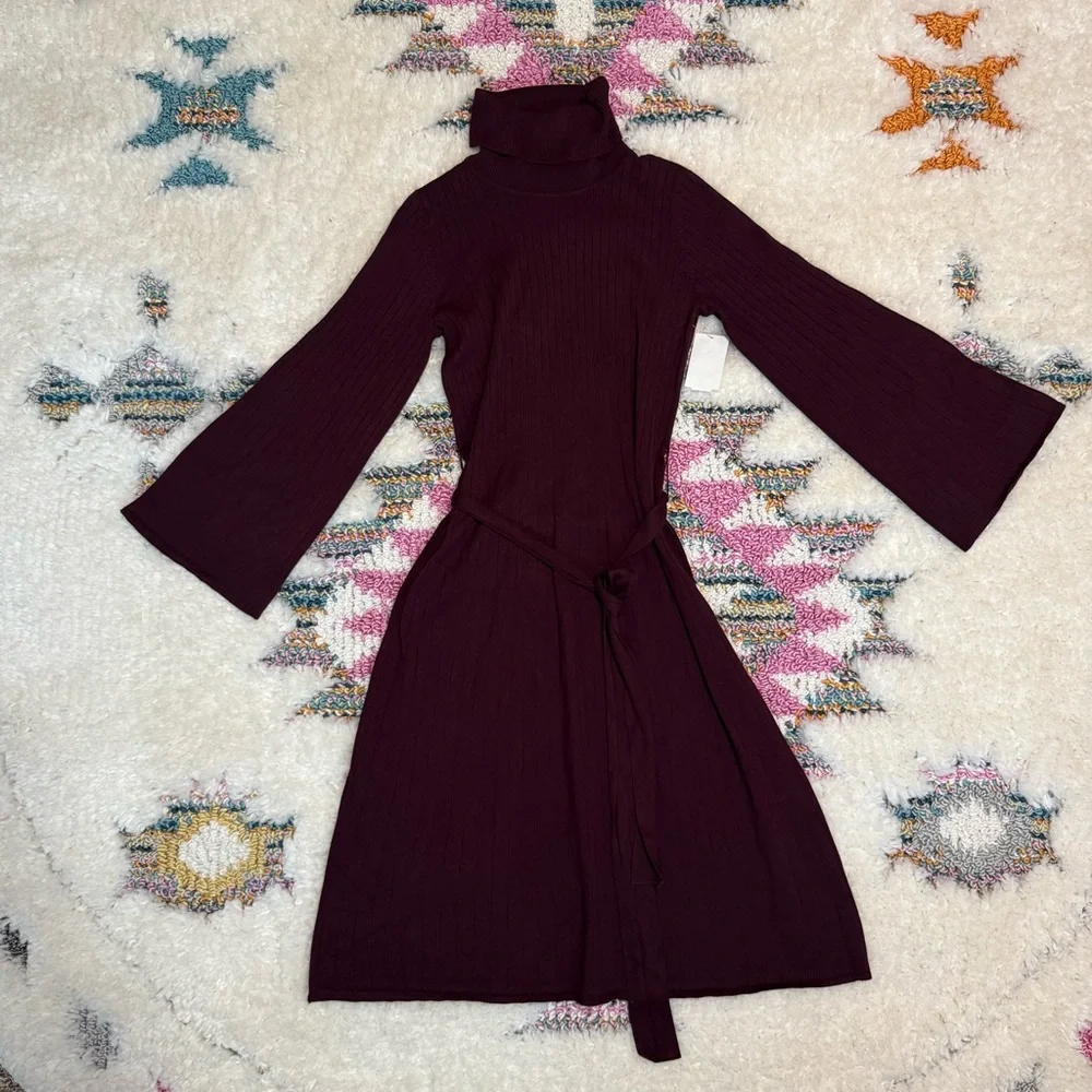 JULIA JORDAN Turtleneck Long Sleeve Rib Midi Sweater Dress In Wine NWT - Picture 2 of 6